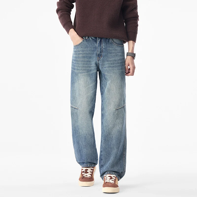 Herren Weite Denimhose mit komfortabler Bundhöhe und markanter Knie-Naht Drune