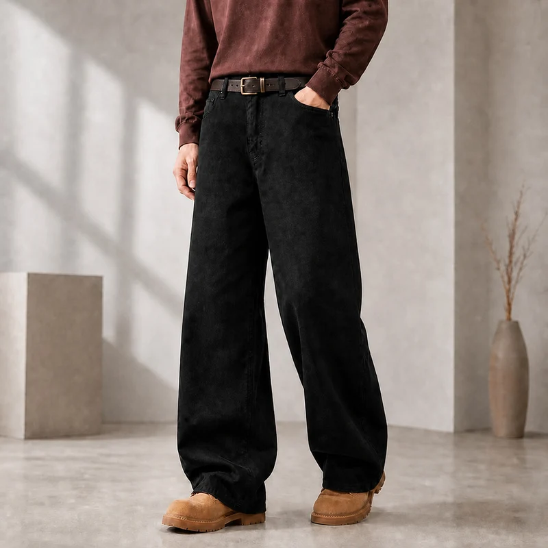 Herren Weite Denimhose mit hoher Taille und geradem Bein entspannter Schnitt Drune