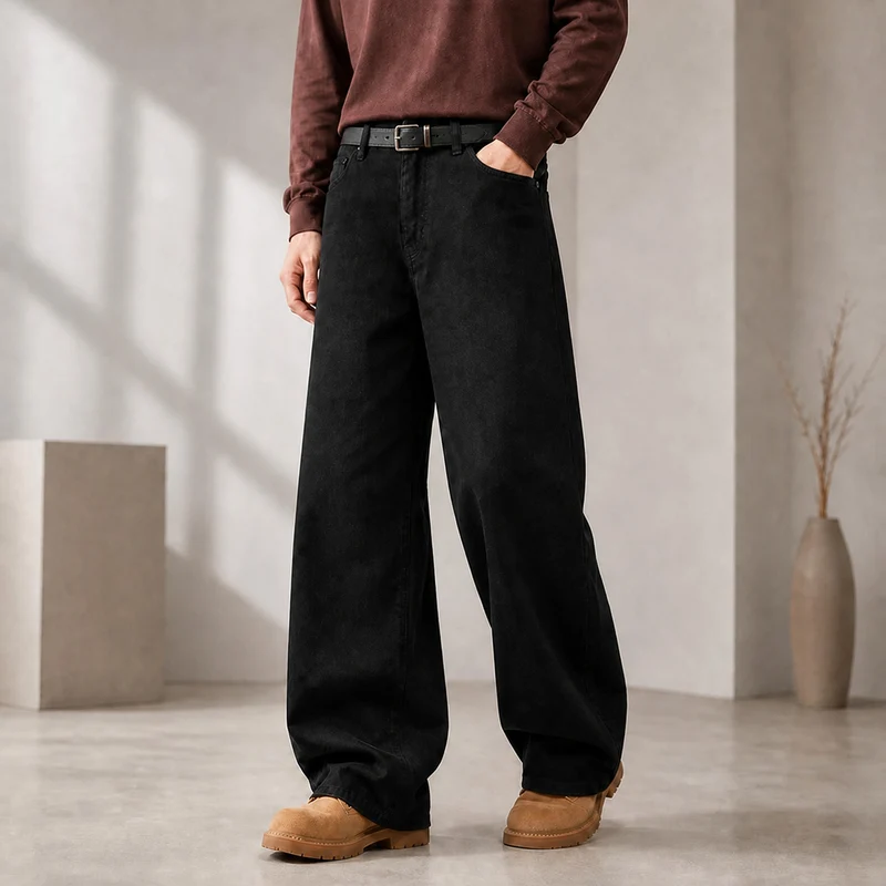 Herren Weite Denimhose mit hoher Taille und geradem Bein entspannter Schnitt Drune