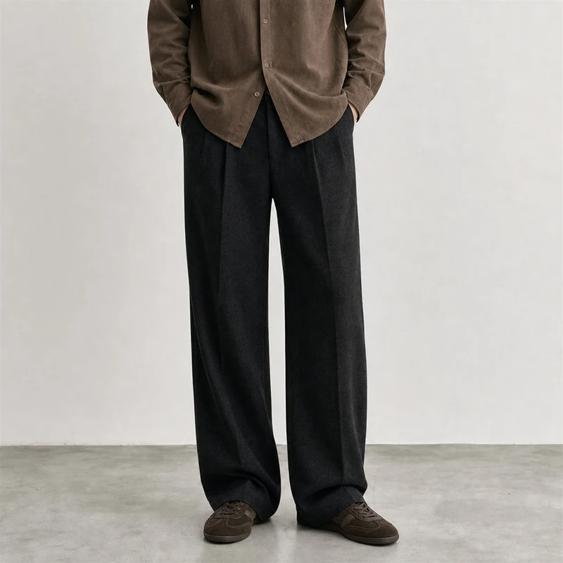 Herren Weite Bundfalten-Hose aus Wollmischung mit weitem Bein Drune
