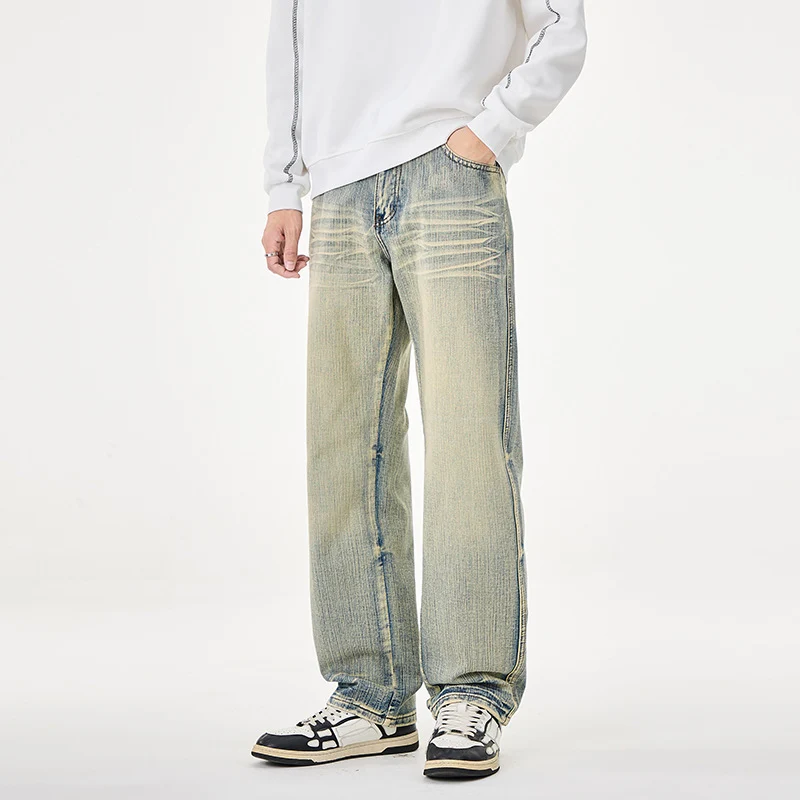 Herren Weit geschnittene Vintage-Denim-Jeans mit low-rise, Whisker‑Effekt und relaxed Bein Drune