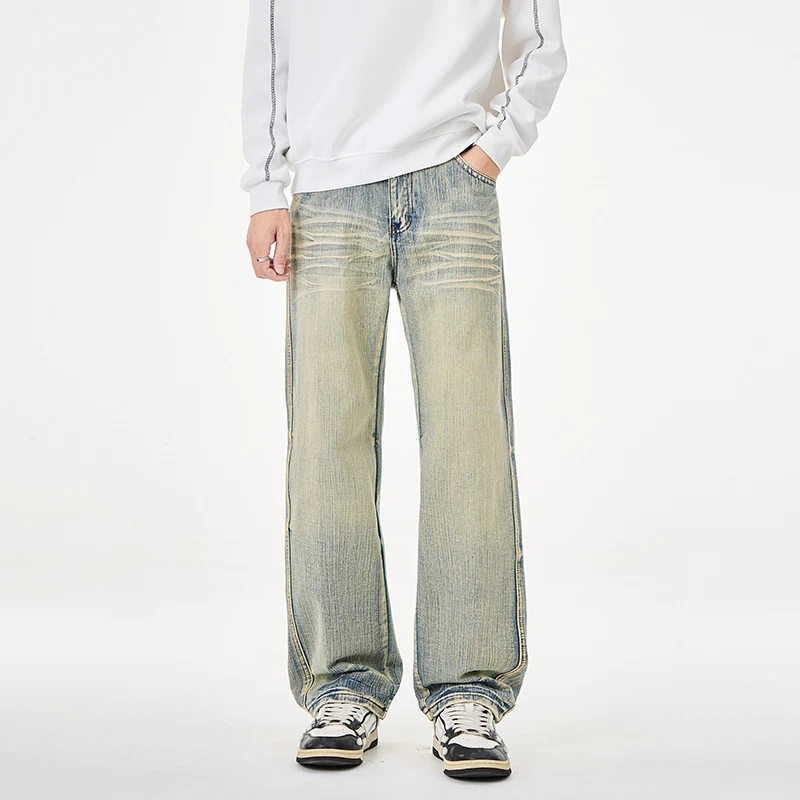 Herren Weit geschnittene Vintage-Denim-Jeans mit low-rise, Whisker‑Effekt und relaxed Bein Drune