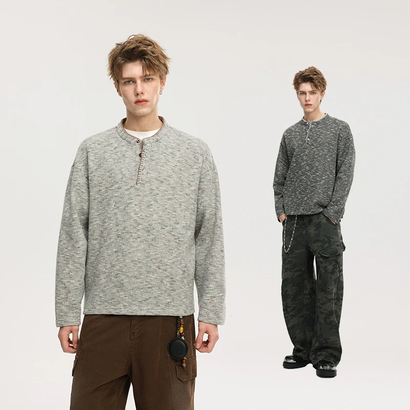 Herren Melange-Henley-Strickpullover mit Knopfleiste und legerer Passform Drune
