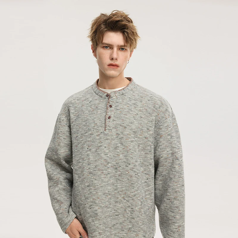Herren Melange-Henley-Strickpullover mit Knopfleiste und legerer Passform Drune