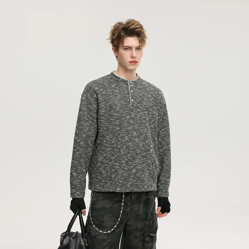 Herren Melange-Henley-Strickpullover mit Knopfleiste und legerer Passform Drune