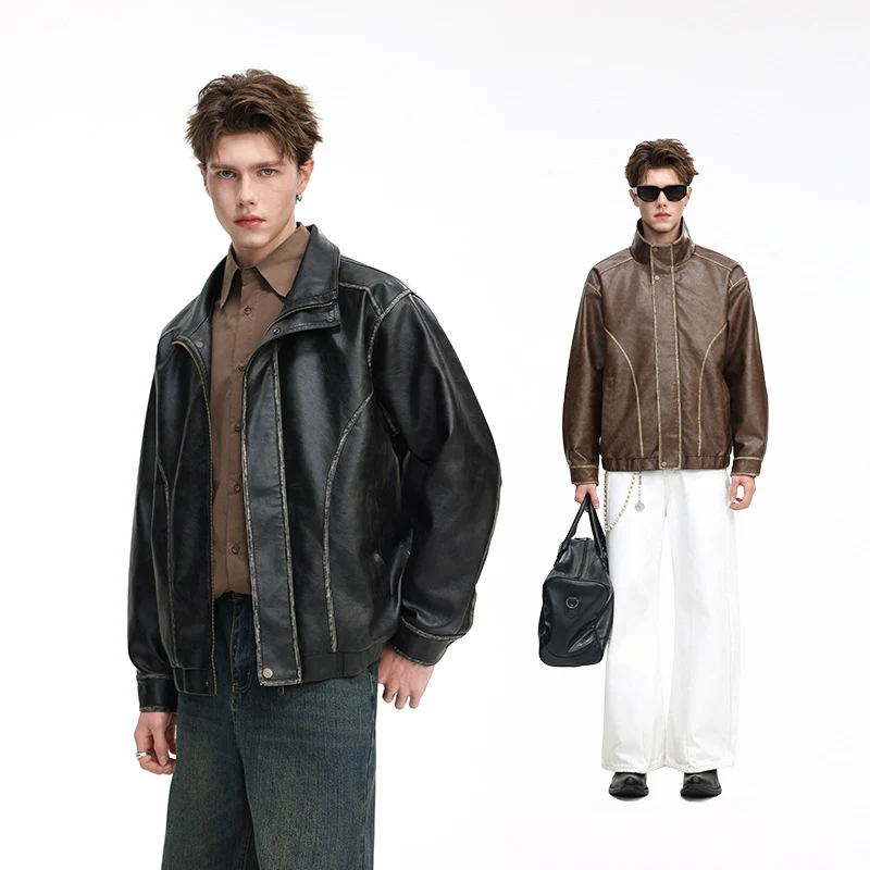 Herren Lederoptik-Blouson mit Stehkragen, Reißverschluss und Ziernähten Drune
