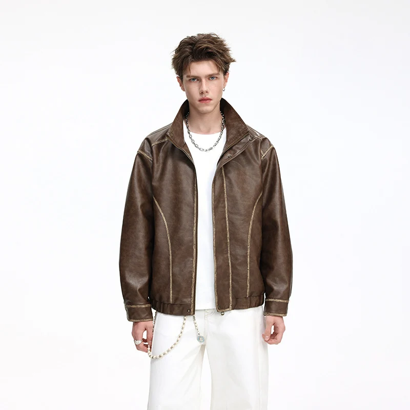 Herren Lederoptik-Blouson mit Stehkragen, Reißverschluss und Ziernähten Drune