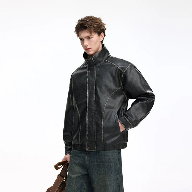 Herren Lederoptik-Blouson mit Stehkragen, Reißverschluss und Ziernähten Drune