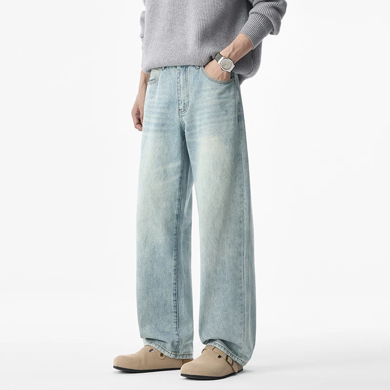 Herren lässige weite Jeans mit tiefem Schritt und Vintage-Waschung Drune