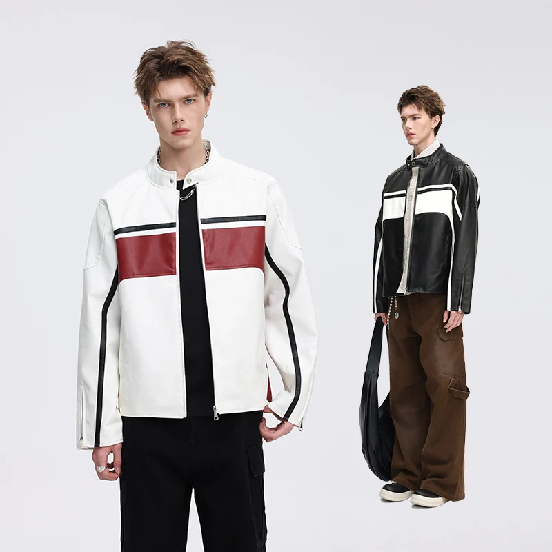 Herren Kunstleder-Bikerjacke mit Kontrastpaneelen und Stehkragen Drune