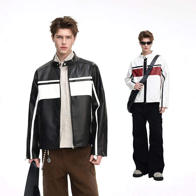 Herren Kunstleder-Bikerjacke mit Kontrastpaneelen und Stehkragen Drune