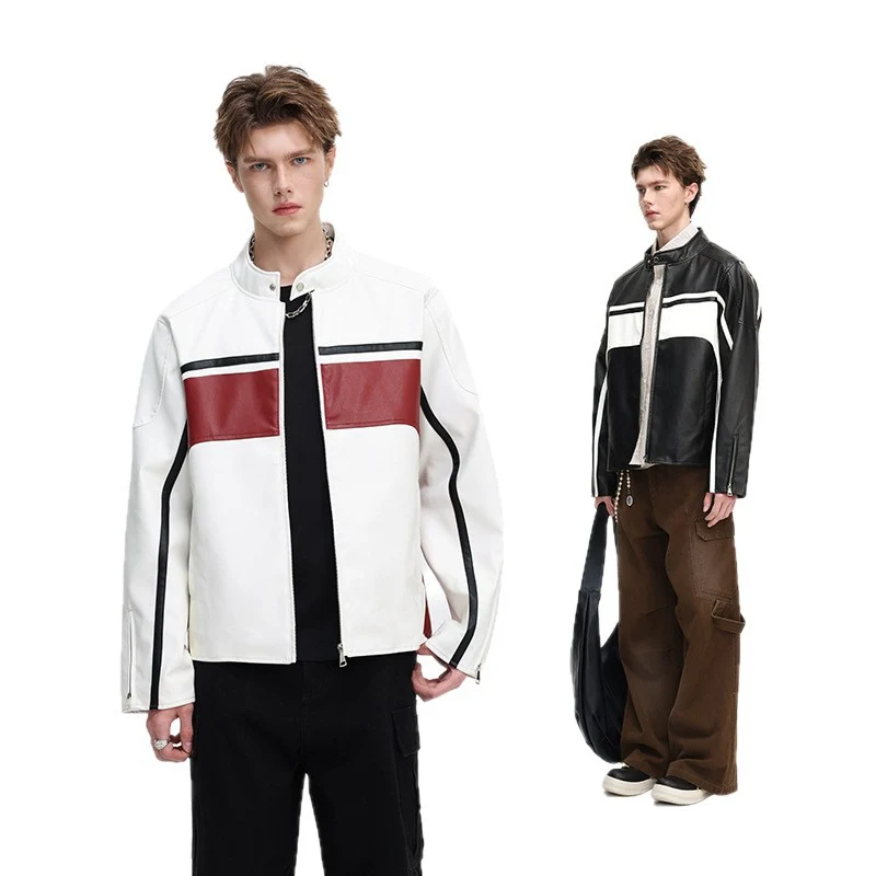 Herren Kunstleder-Bikerjacke mit Kontrastpaneelen und Stehkragen Drune