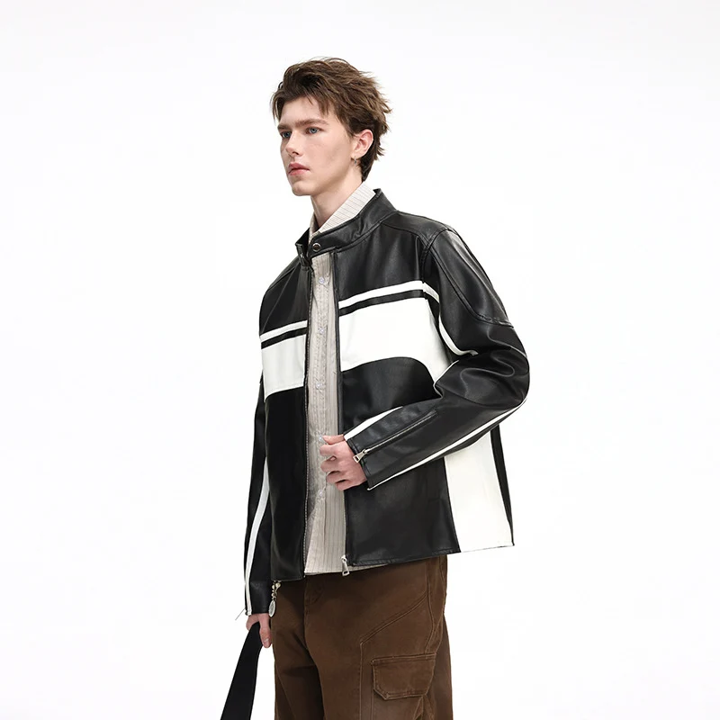 Herren Kunstleder-Bikerjacke mit Kontrastpaneelen und Stehkragen Drune