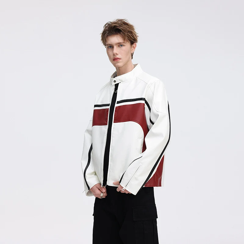 Herren Kunstleder-Bikerjacke mit Kontrastpaneelen und Stehkragen Drune