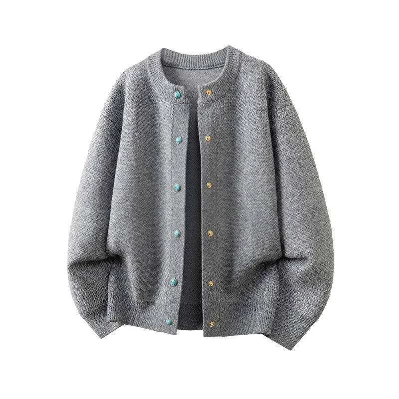Damen Oversize-Strickjacke mit rundem Ausschnitt und kontrastknöpfen Drune