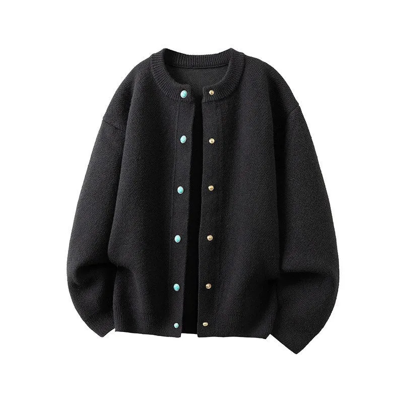 Damen Oversize-Strickjacke mit rundem Ausschnitt und kontrastknöpfen Drune