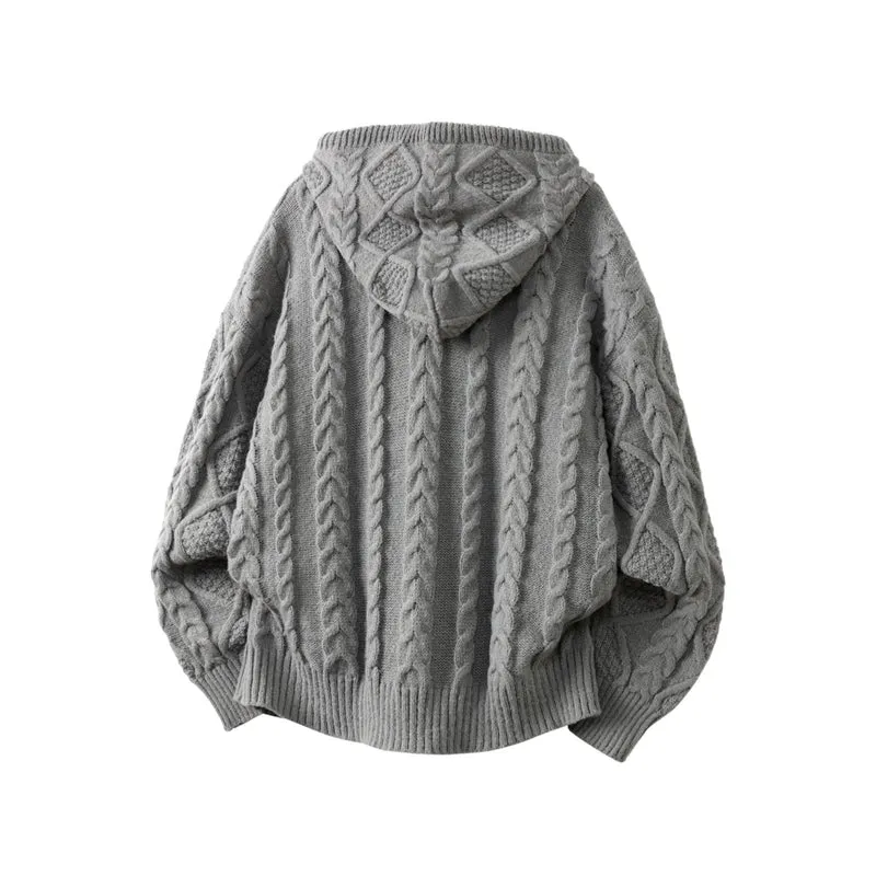 Damen Oversize Kapuzencardigan mit Zopfmuster und Frontreißverschluss Drune