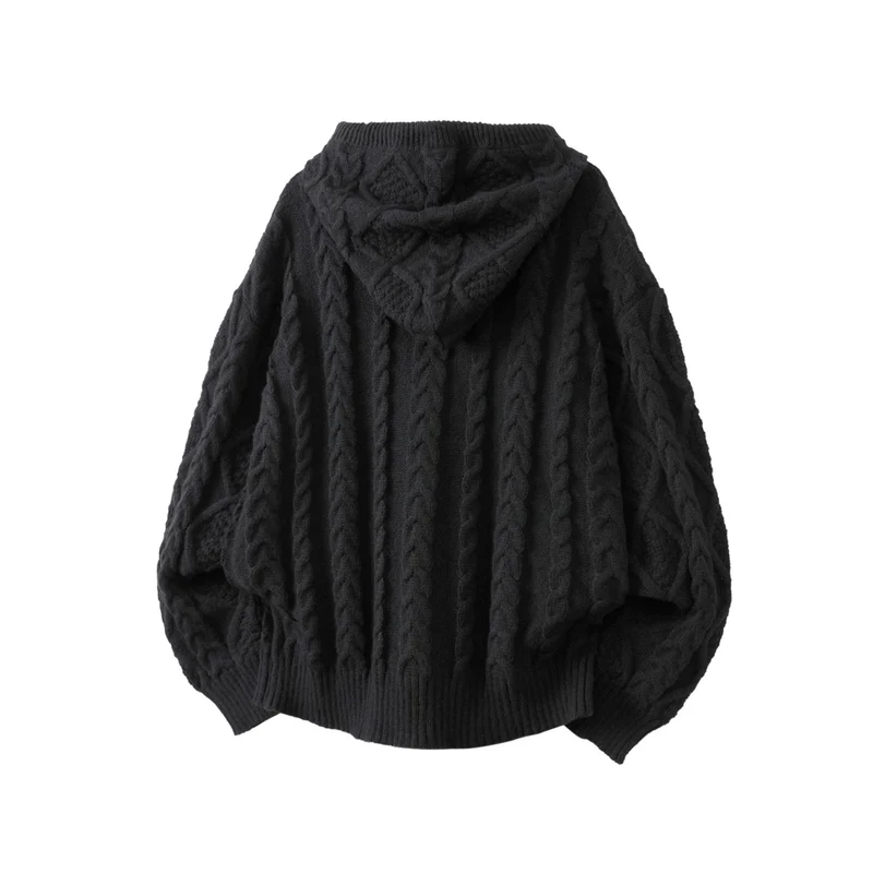 Damen Oversize Kapuzencardigan mit Zopfmuster und Frontreißverschluss Drune