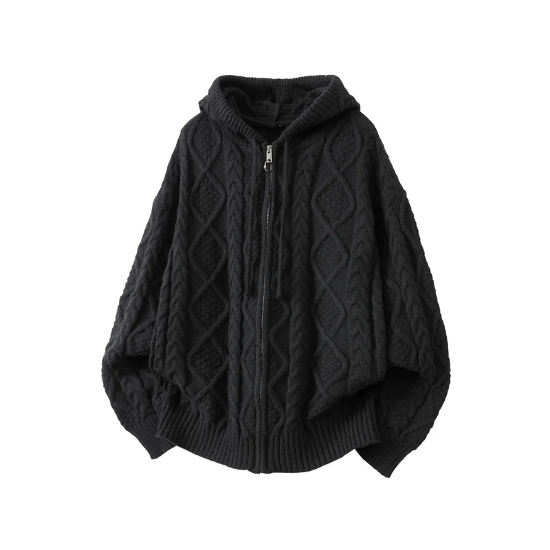 Damen Oversize Kapuzencardigan mit Zopfmuster und Frontreißverschluss Drune