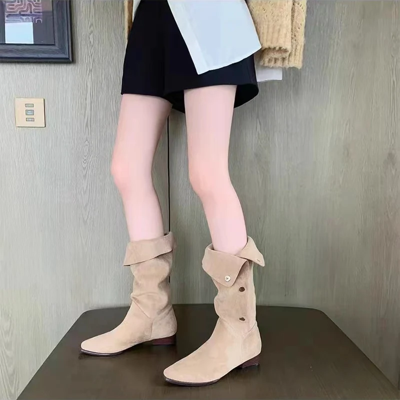 Damen Wadenhohe Velourslederstiefel mit umklappbarer Manschette und spitzer Kappe Drune