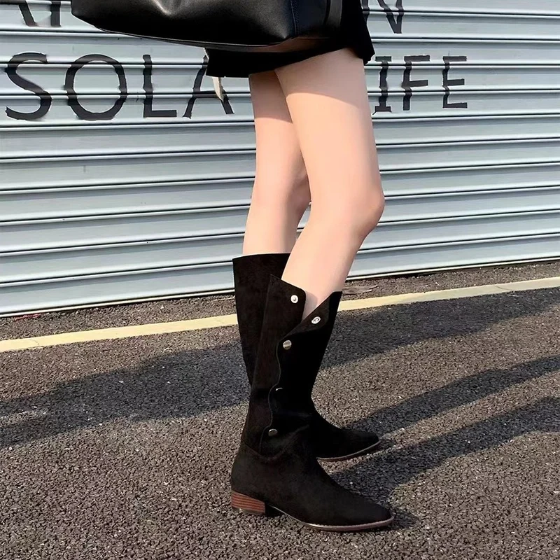 Damen Wadenhohe Velourslederstiefel mit umklappbarer Manschette und spitzer Kappe Drune
