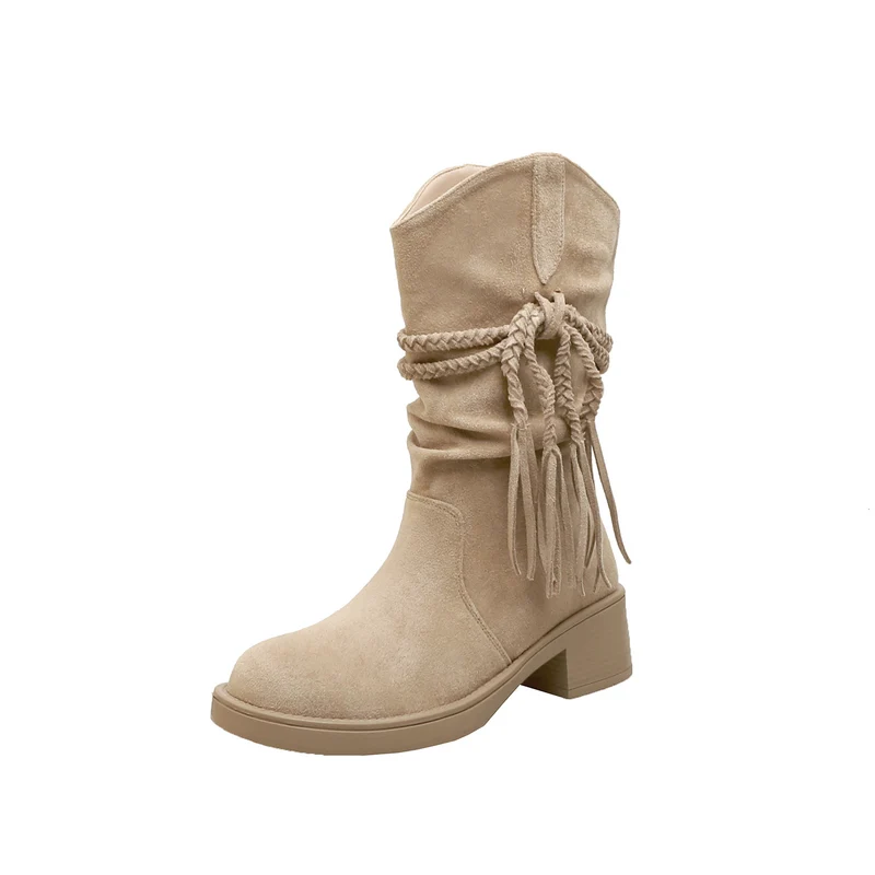Damen Wadenhohe Veloursleder-Stiefel mit geflochtenem Quastenriemen Drune