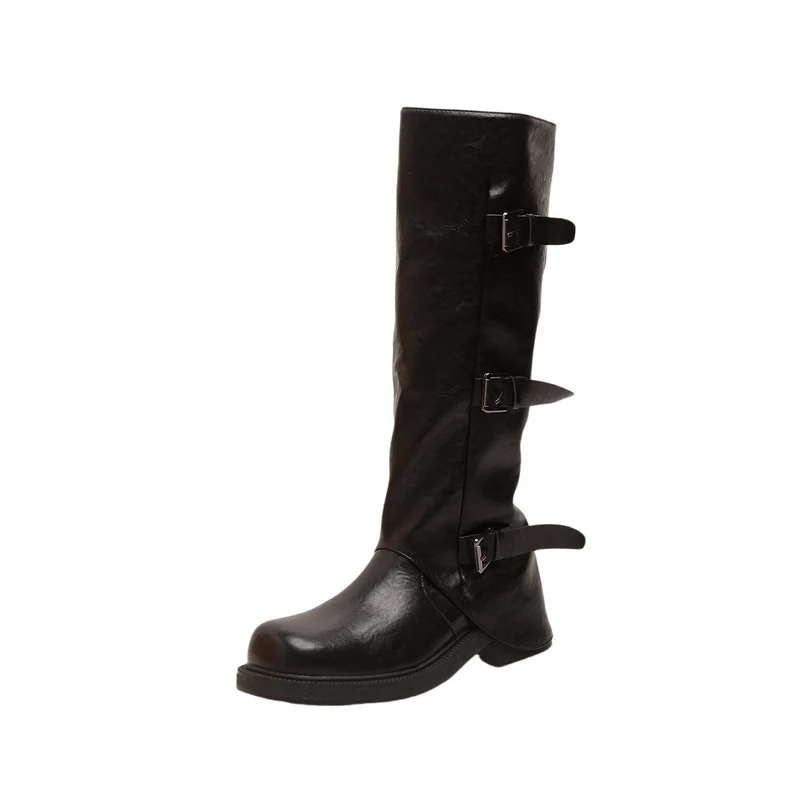 Damen Wadenhohe Stiefel mit dreifacher Gürtelschnalle und profilierter Plateausohle Drune