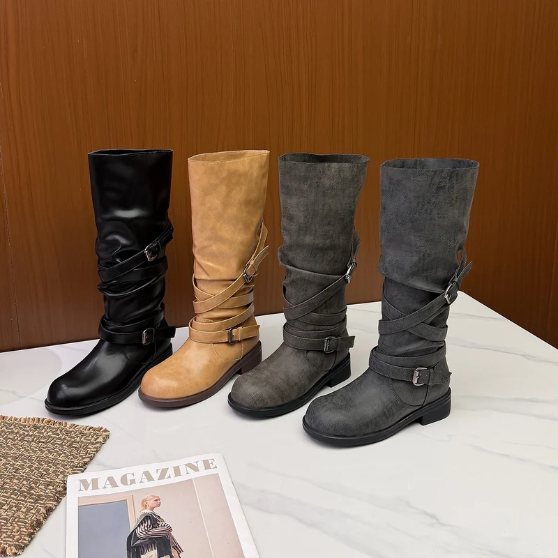 Damen Wadenhohe Bikerstiefel mit Wickelriemen und verstellbaren Schnallen Drune
