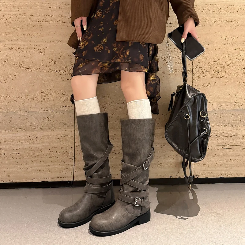 Damen Wadenhohe Bikerstiefel mit Wickelriemen und verstellbaren Schnallen Drune
