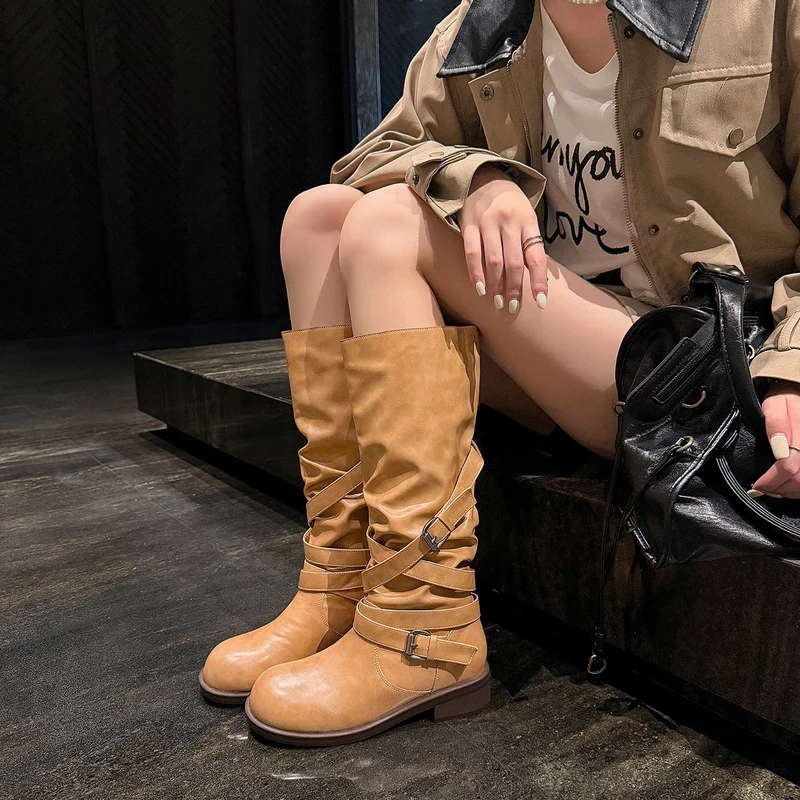 Damen Wadenhohe Bikerstiefel mit Wickelriemen und verstellbaren Schnallen Drune