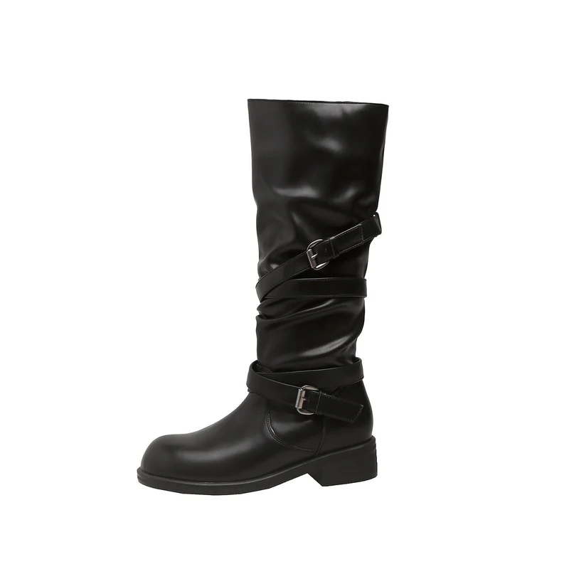Damen Wadenhohe Bikerstiefel mit Wickelriemen und verstellbaren Schnallen Drune