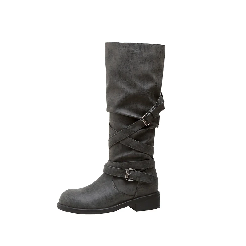 Damen Wadenhohe Bikerstiefel mit Wickelriemen und verstellbaren Schnallen Drune