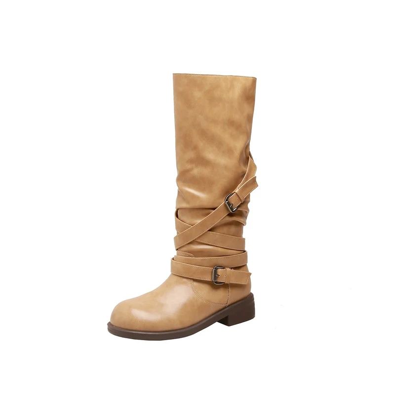 Damen Wadenhohe Bikerstiefel mit Wickelriemen und verstellbaren Schnallen Drune