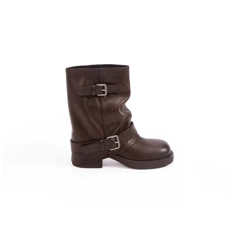 Damen Wadenhohe Bikerstiefel aus Glattleder mit Doppelschnallen und gerafftem Schaft Drune