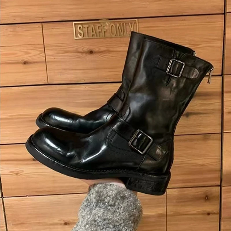 Damen Wadenhohe Biker‑Stiefel aus Glattleder mit Doppelgurt und Rückreißverschluss Drune