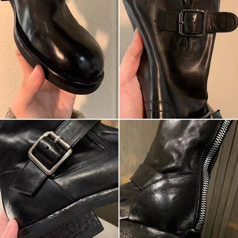 Damen Wadenhohe Biker‑Stiefel aus Glattleder mit Doppelgurt und Rückreißverschluss Drune