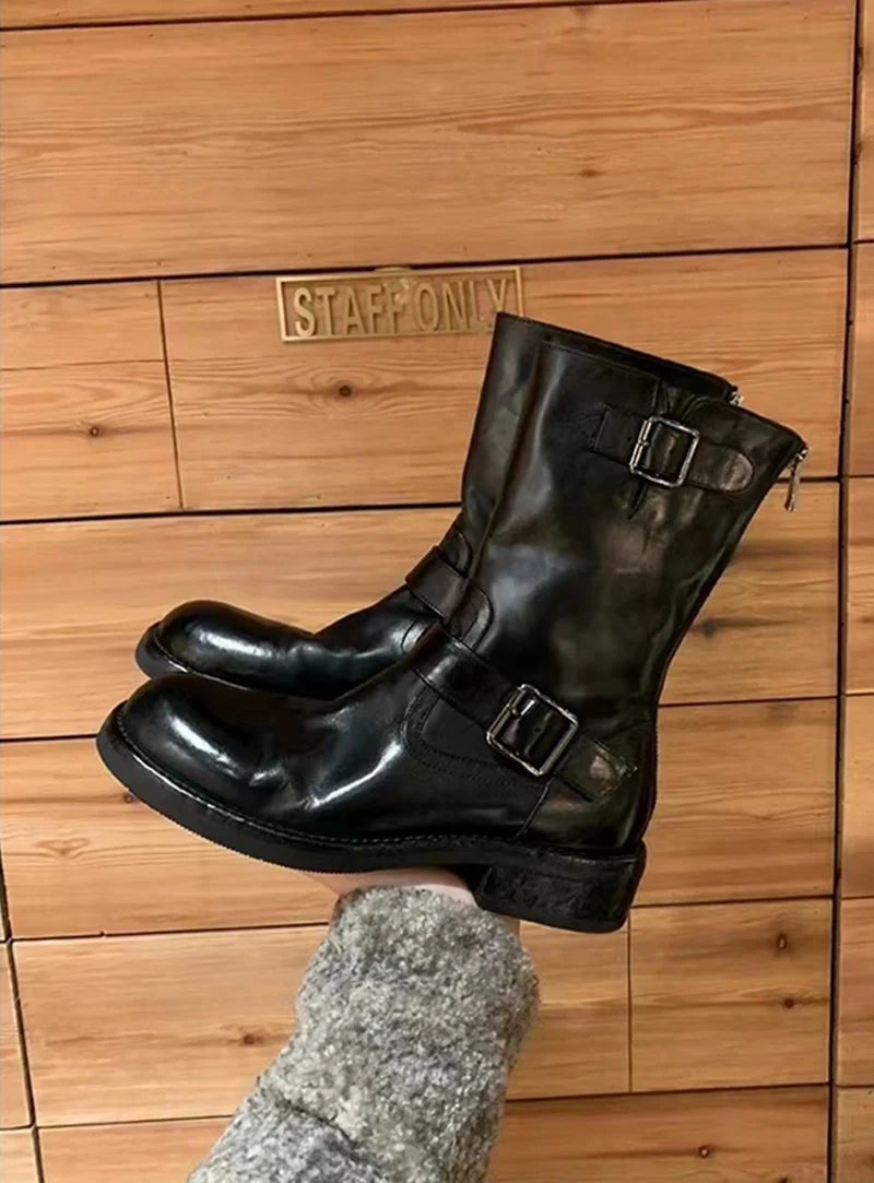 Damen Wadenhohe Biker‑Stiefel aus Glattleder mit Doppelgurt und Rückreißverschluss Drune