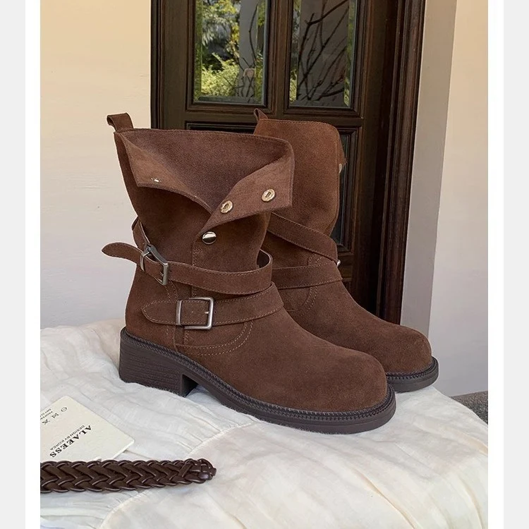 Damen Veloursleder-Bikerstiefel mit Schnallen und mittlerem Blockabsatz Drune