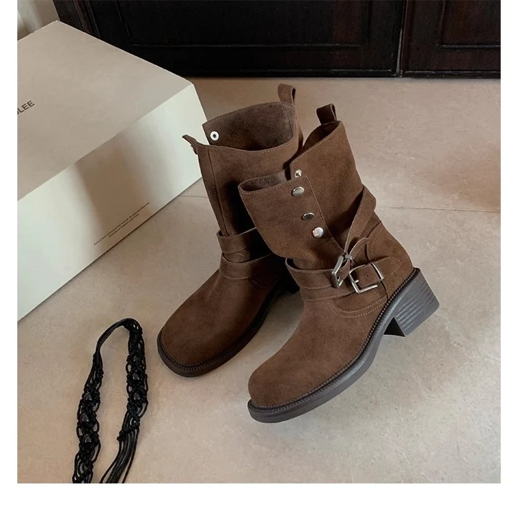 Damen Veloursleder-Bikerstiefel mit Schnallen und mittlerem Blockabsatz Drune