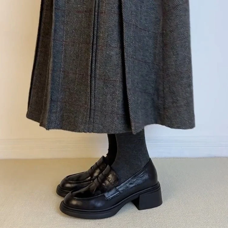 Damen Modische Penny-Loafer mit markanter Plateauprofilsohle und mittelhohem Blockabsatz Drune