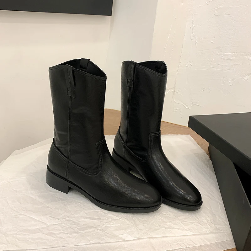 Damen Mid-Calf Western-Stiefel aus Glattleder mit niedriger Blockabsatz Drune