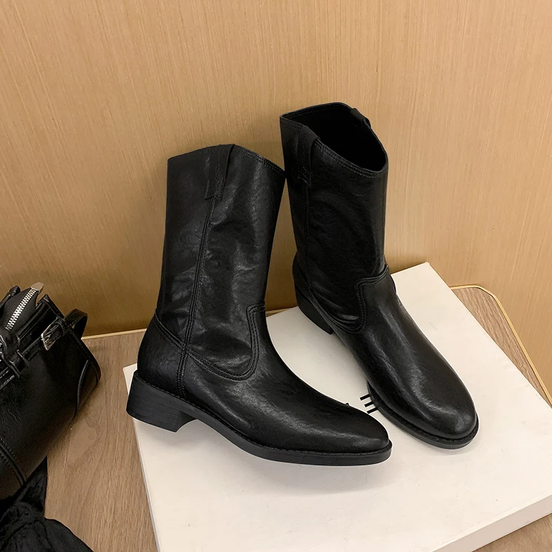 Damen Mid-Calf Western-Stiefel aus Glattleder mit niedriger Blockabsatz Drune
