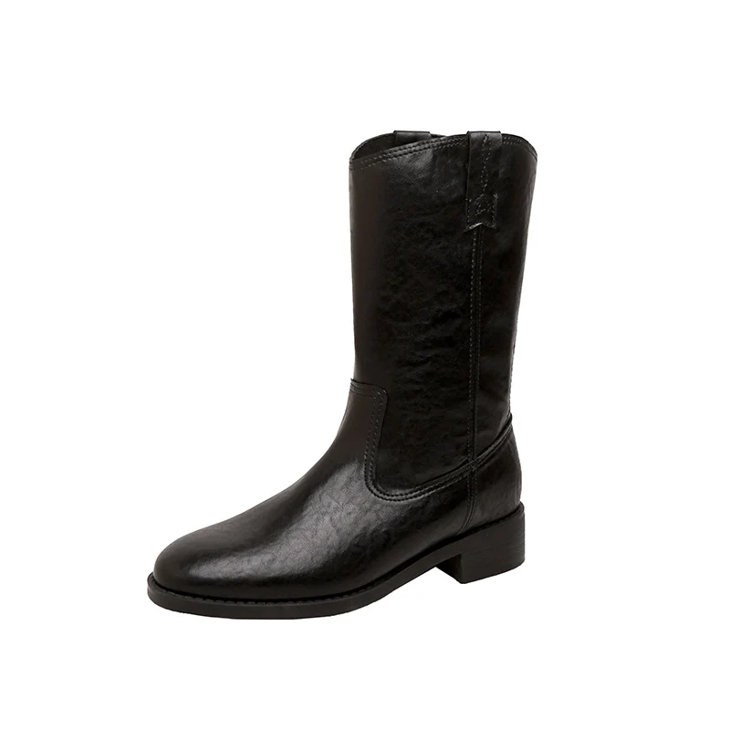 Damen Mid-Calf Western-Stiefel aus Glattleder mit niedriger Blockabsatz Drune