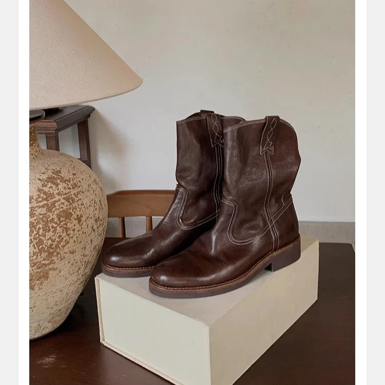 Damen Mid-Calf Western-Stiefel aus Glattleder mit niedriger Blockabsatz Drune