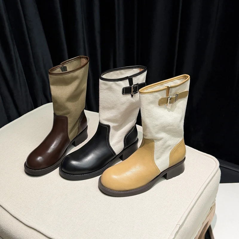 Damen Mid-Calf Stiefel aus Glattleder und Canvas mit Zier-Schnallenriemen Drune