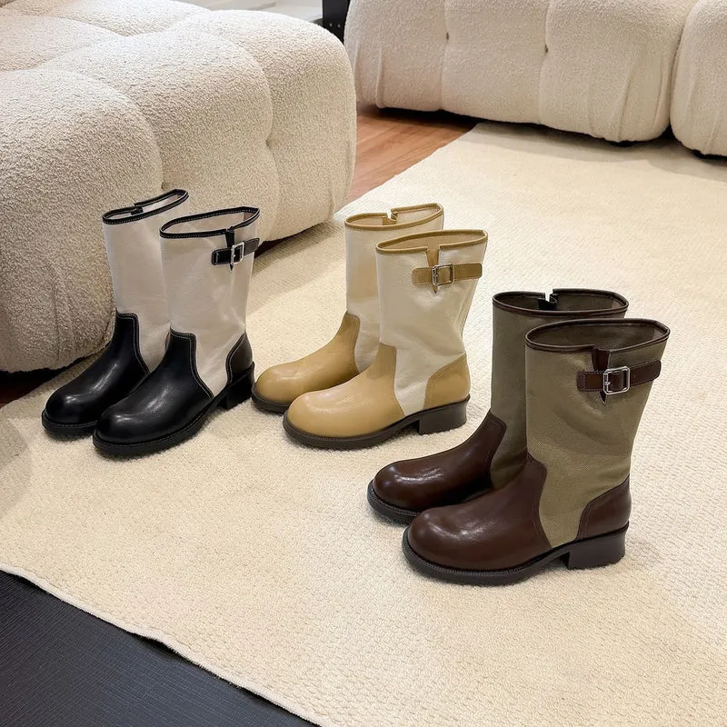 Damen Mid-Calf Stiefel aus Glattleder und Canvas mit Zier-Schnallenriemen Drune