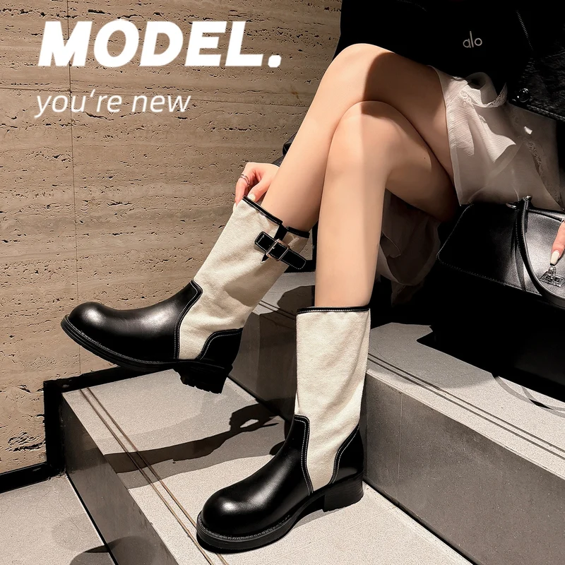 Damen Mid-Calf Stiefel aus Glattleder und Canvas mit Zier-Schnallenriemen Drune