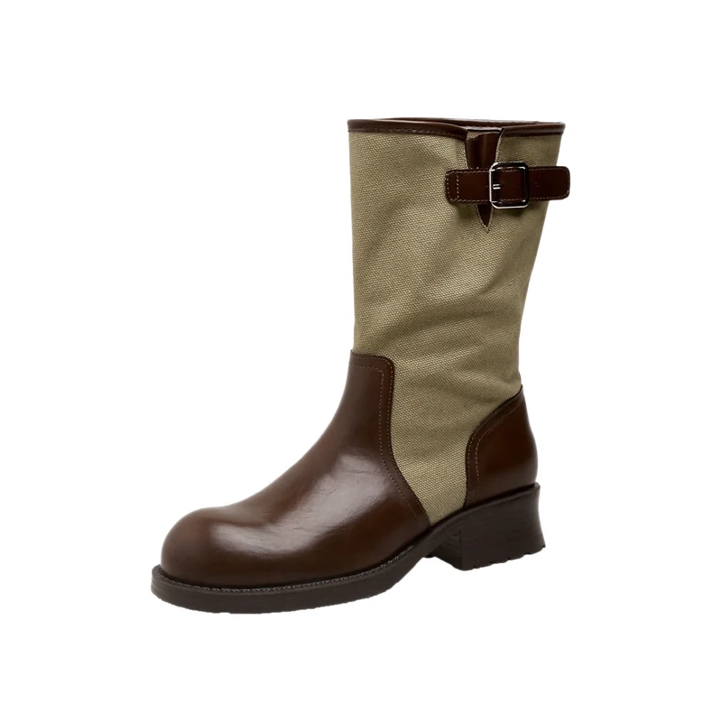 Damen Mid-Calf Stiefel aus Glattleder und Canvas mit Zier-Schnallenriemen Drune