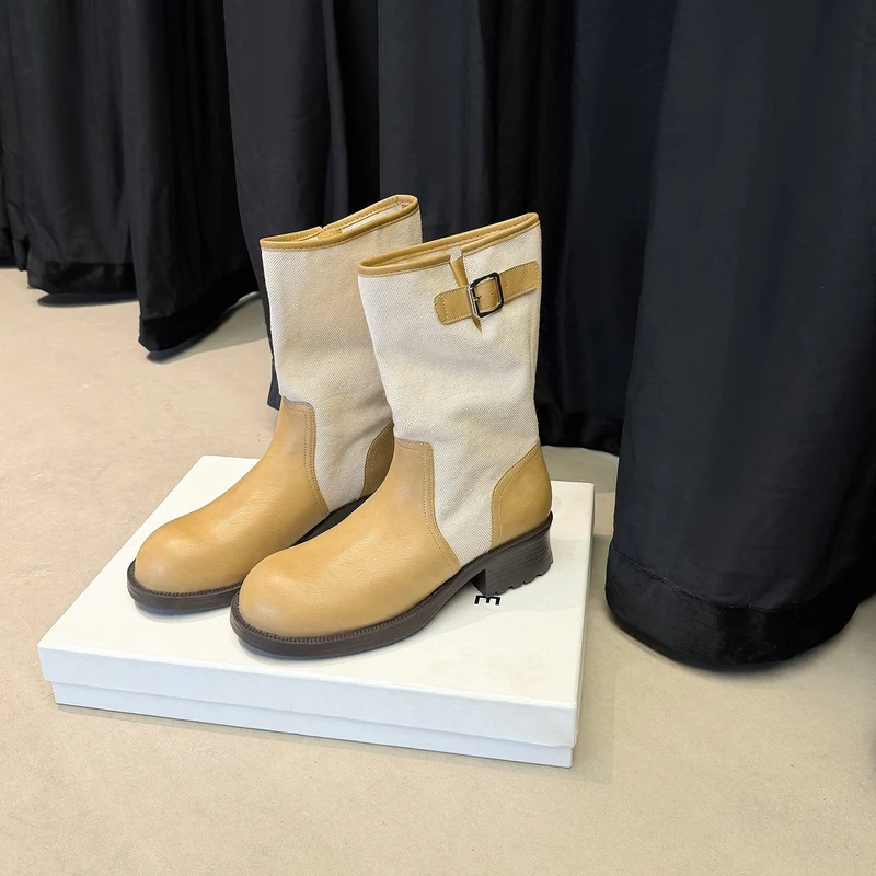 Damen Mid-Calf Stiefel aus Glattleder und Canvas mit Zier-Schnallenriemen Drune