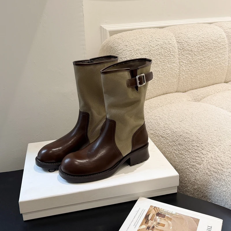 Damen Mid-Calf Stiefel aus Glattleder und Canvas mit Zier-Schnallenriemen Drune